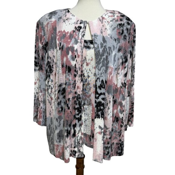 Alex Evenings Womens 2X 3X Cardigan Jacket & Tank Stretch Pink Gray Glitter - Picture 1 of 12